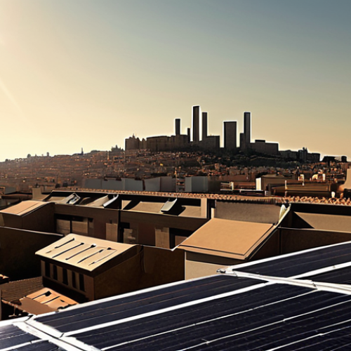 Home 4 **
A visually striking, slightly exaggerated illustration depicting a single, giant company (think Endesa or Iberdrola) overshadowing a normal Spanish cityscape. The shadow of the company looms over houses and buildings. Smaller, struggling solar panels are visible on a few rooftops, symbolizing the difficulty of competing with the dominant energy company. The overall tone should be slightly ominous, hinting at the power imbalance.
**