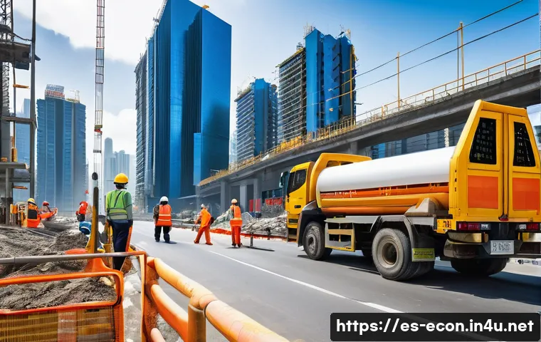 케인즈 경제학 이해 - A vibrant urban construction scene in a modern Latin American city during daytime, showing diverse w...