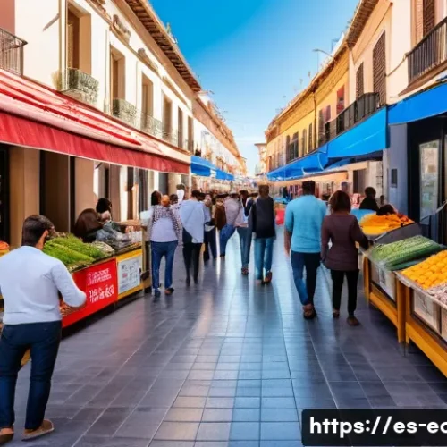 Home 29 경제학파 비교 분석 - A vibrant urban marketplace scene in a modern Spanish city, showcasing diverse entrepreneurs and con...