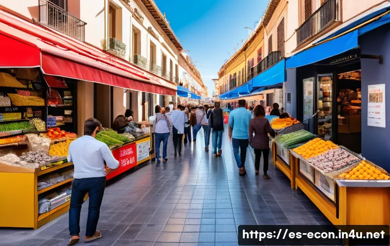 경제학파 비교 분석 - A vibrant urban marketplace scene in a modern Spanish city, showcasing diverse entrepreneurs and con...