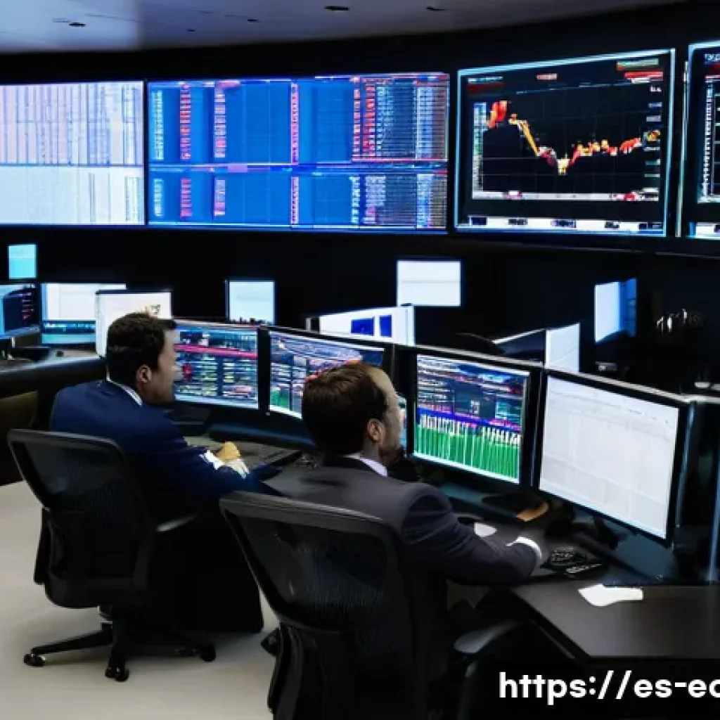 자산 가격 결정 모형 - A sophisticated financial trading room in Madrid, featuring diverse Spanish investors analyzing stoc...